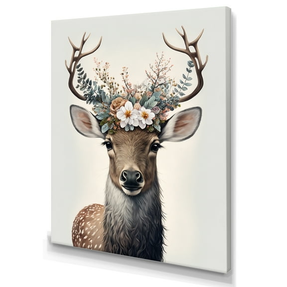 Designart Cute Baby Caribou With Floral Crown III Canvas Wall Art