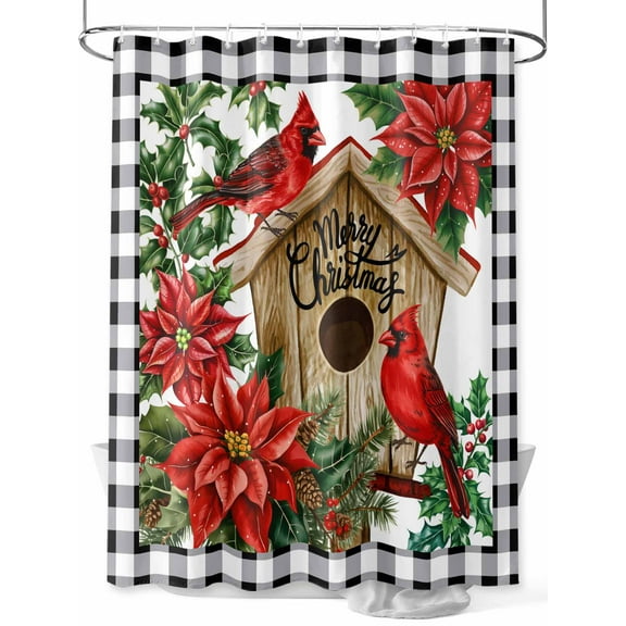 Christmas Winter Shower Curtain Set ,Waterproof Fabric Shower Curtains Cardinal Flowers Bird Poinsettia Log Cabin Shower Curtains for Bathroom,Bathroom Decor 36"x78"