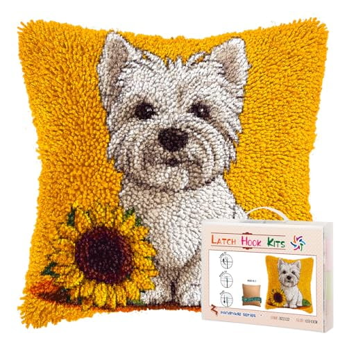 DIY Latch Hook Pillow Kits for Adults Cute West Highland Terrier Dog Printed Pillowcase Crochet Yarns Hooking Handmade Pillow Cover Cushion for Home Sofa Decoration 17x17inch-50