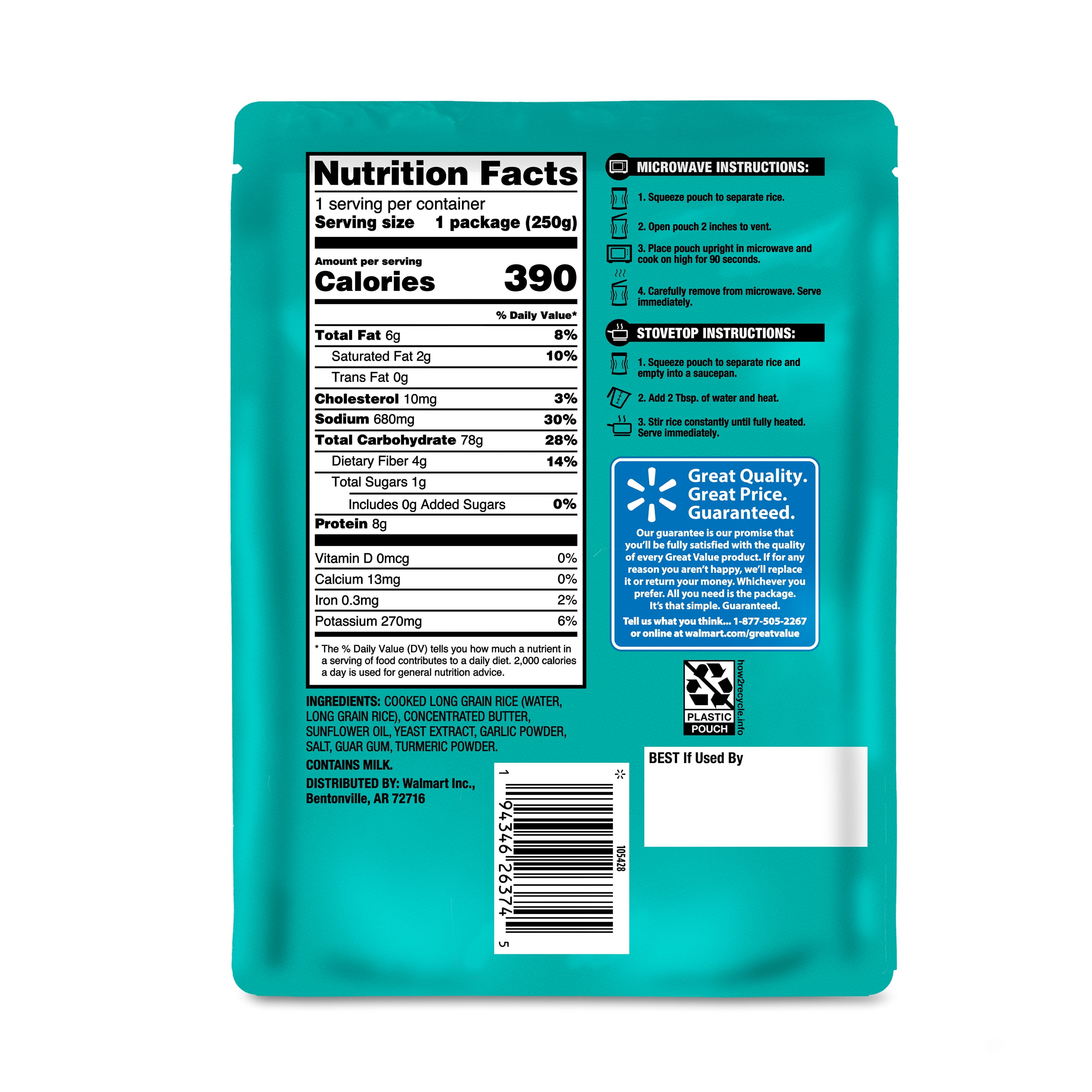 Great Value Butter and Garlic Microwavable Rice, Ready to Eat, 8.8 oz Pouch