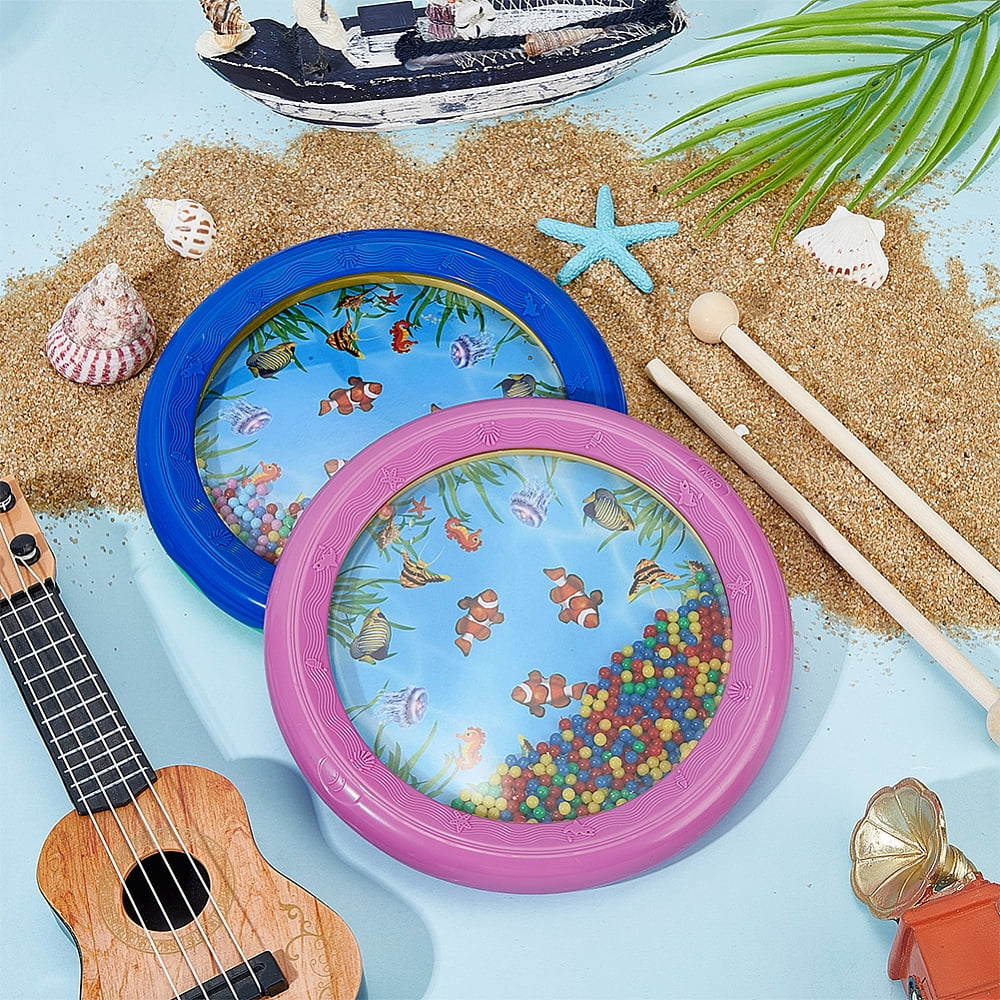 2Pcs Plastic Wave Bead Ocean Drum with 2Pcs Round Head Wood Drumstick Musical Instrument Mixed Color 180x22mm diy
