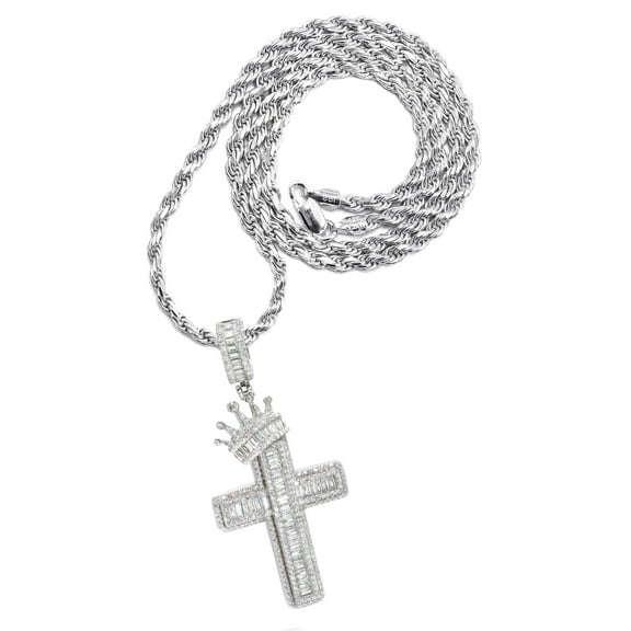 Silver Crown Cross Baguette Necklace | 33 Grams
