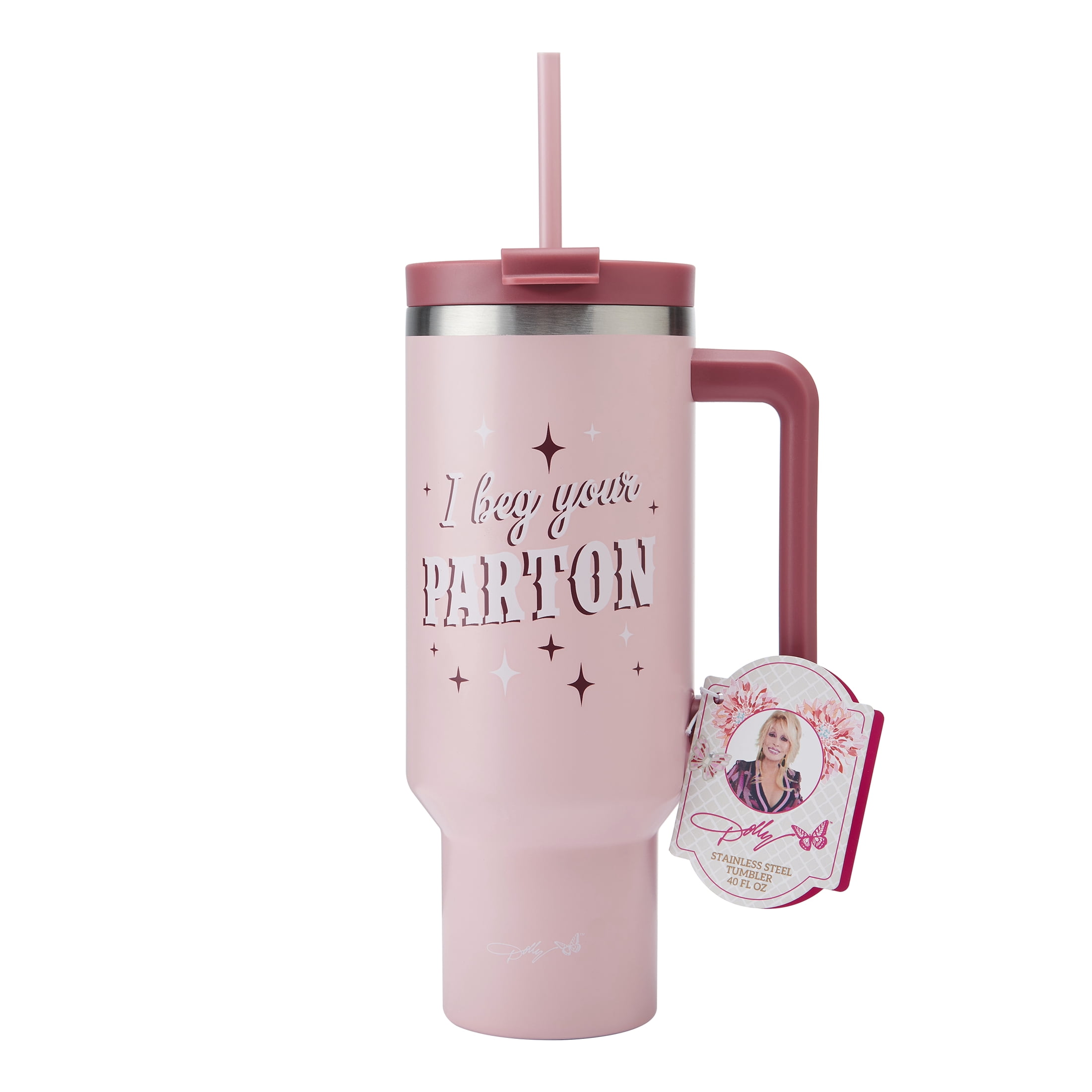 Dolly Parton 40 oz Stainless Steel Tumbler with Handle, Pink