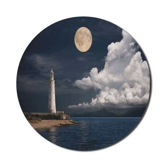 Lighthouse Mouse Pad for Computers, Lighthouse Moonlight Island Large Clouds Sea Seaside Waterfront Night Time Bay, Round Non-Slip Thick Rubber Modern Mousepad, 8" Round, Multicolor, by Ambesonne