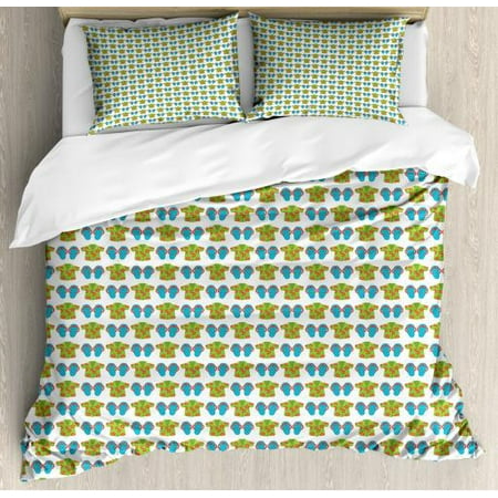 Flip Flop Queen Size Duvet Cover Set, Exotic Floral Patterned Shirts and Beach Slippers Summer Fashion, Decorative 3 Piece Bedding Set with 2 Pillow Shams, Pale Green Coral Pale Blue, by (Best Tog Duvet For Summer)