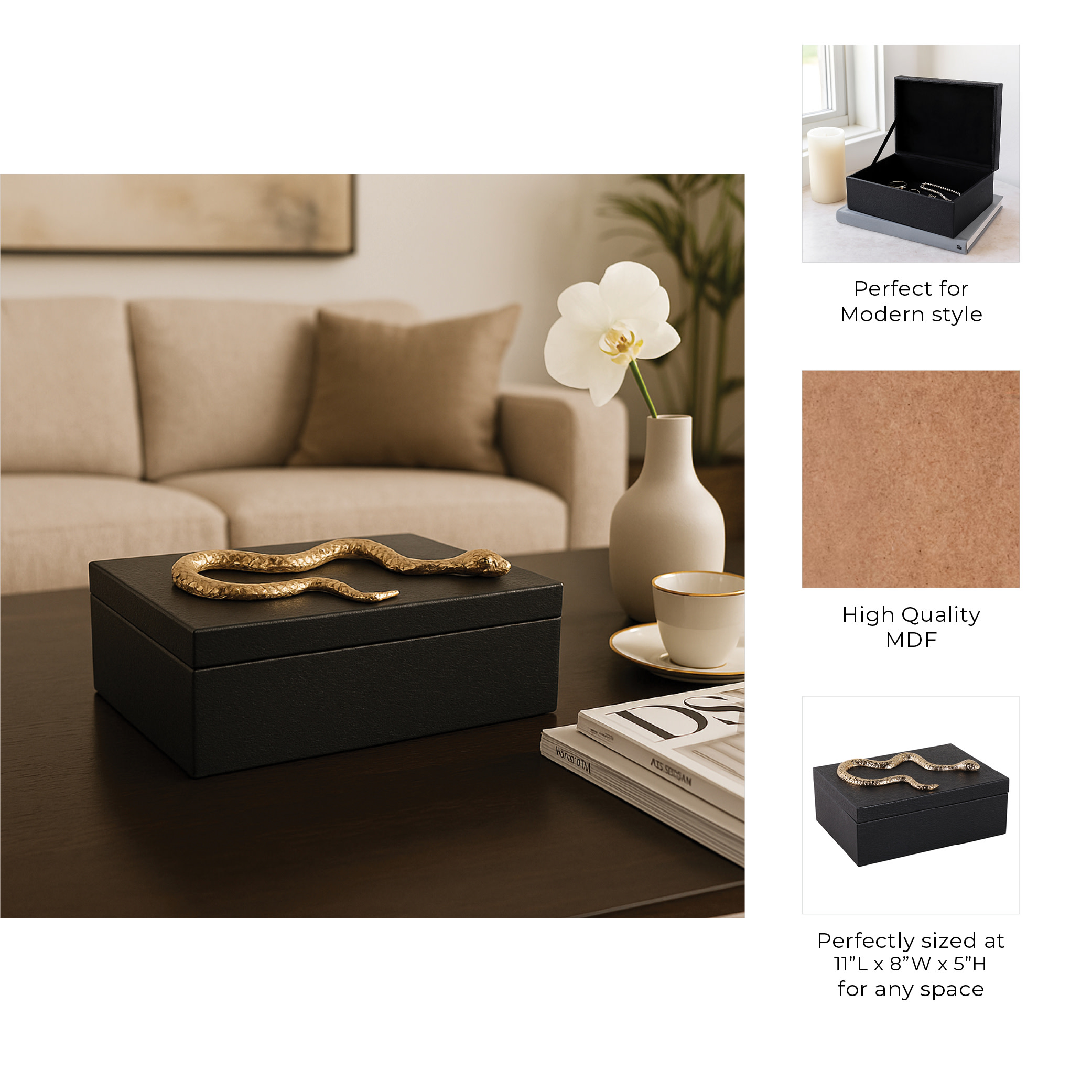 Faux Leather Decorative Box with Snake Accent for Home Decor - Modern Decor Box and Jewelry Keepsake with Lid for Bedroom Vanity - Storage Organizer for Bathroom Counter - 5", Black & Gold