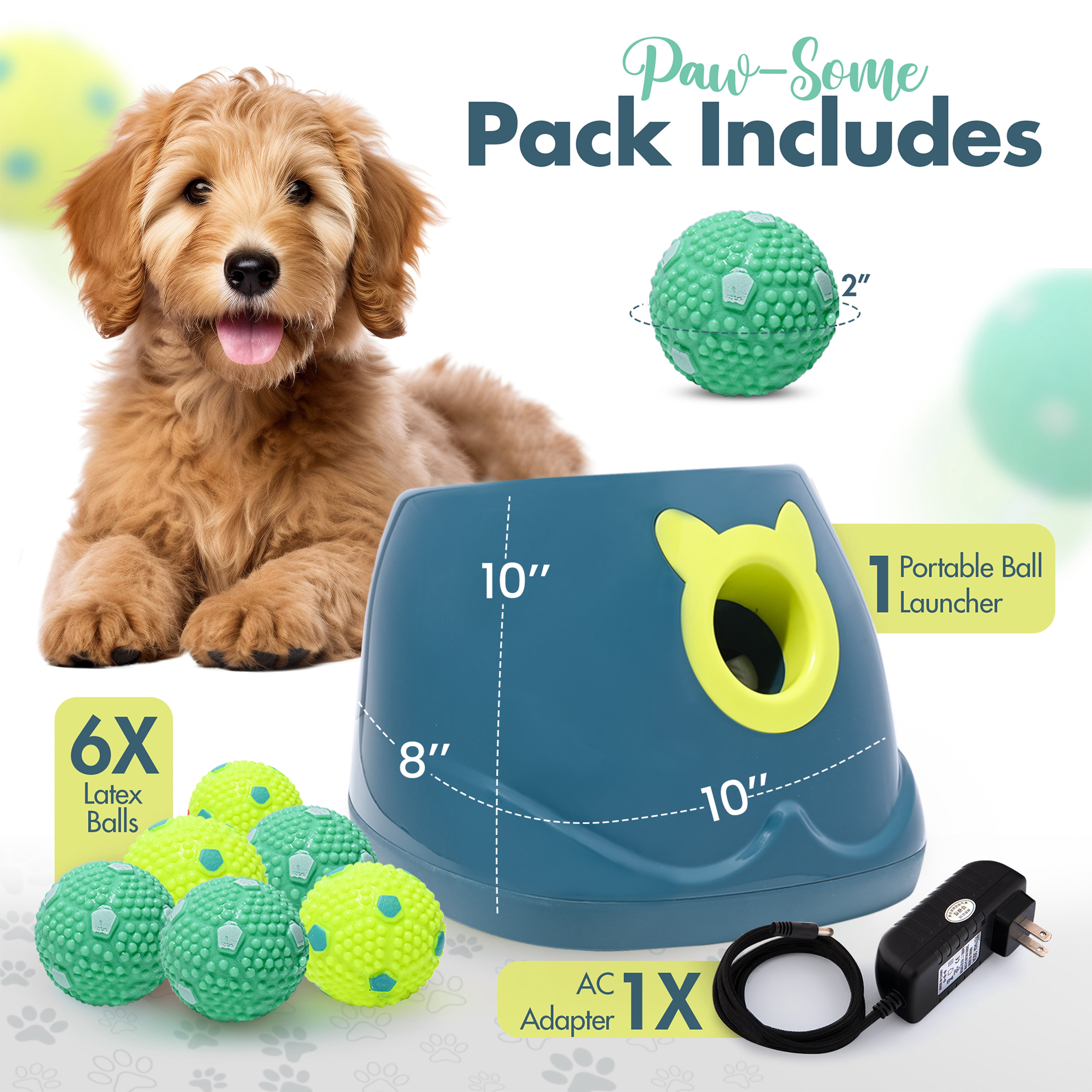 Crafts Central Automatic Dog Ball Launcher - Dog Ball Fetch Machine, Ball Thrower for Dogs, for Small to Medium Sized Dogs, Great Interactive Dog Toy with 6 Latex Balls, Dual Power Supply