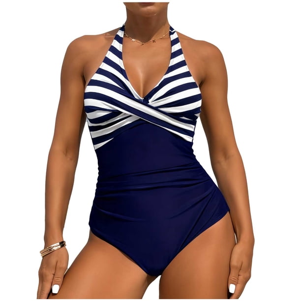 Traje de baño de una pieza para mujer, conjunto de bikini para mujer, traje de baño de bikini de poliéster con tirante para el cuello y cintura alta, traje de baño de poliéster para mujer