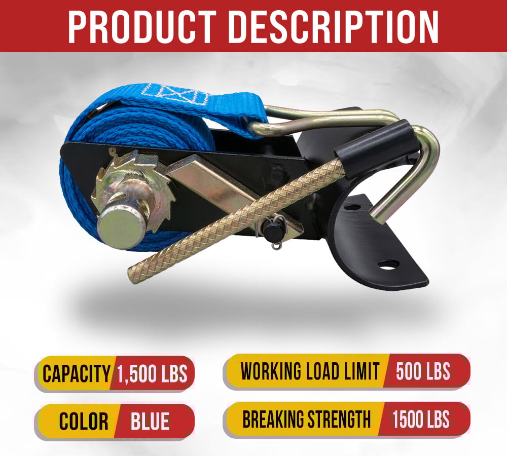 thumbnail image 3 of 2 Pack 1-1/2"x7' Blue Ladder Rack Ratchet Straps with J-Hook (Pair) - 500 lbs 2" Black Round Tube Mount - Retractable Ratchet Tie Down Strap for Roof Rack, 3 of 12