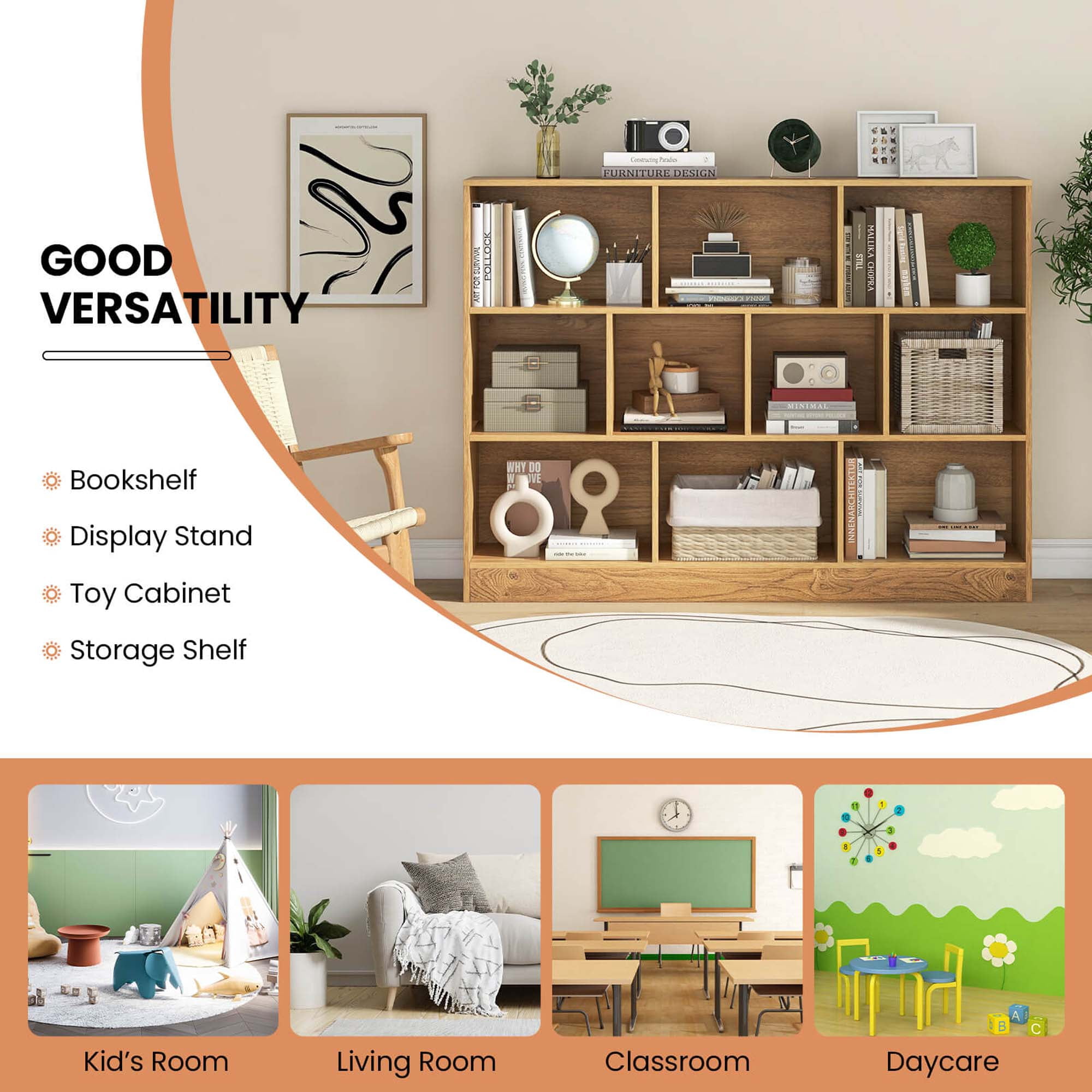 Costway 10-Cube Bookcase 41" Wooden Toy Storage Organizer for Kids Bookshelf Natural