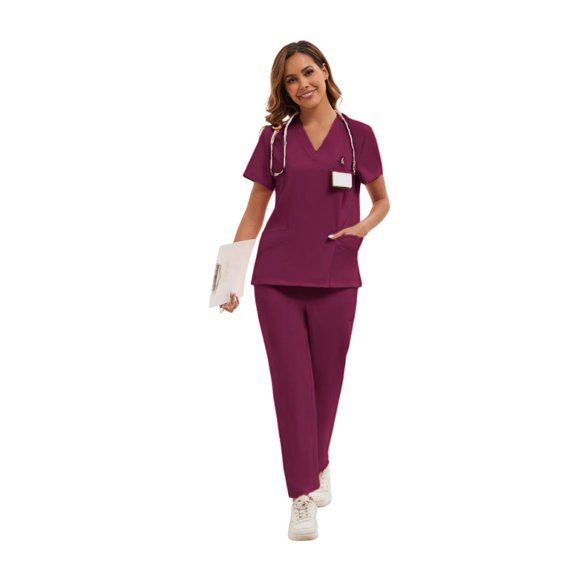 LYMAYTER Solid Color Medical Uniform for Women V-Neck Multiple Colors Nurse Uniform Comfort Ventilate Outfit for S-2XL