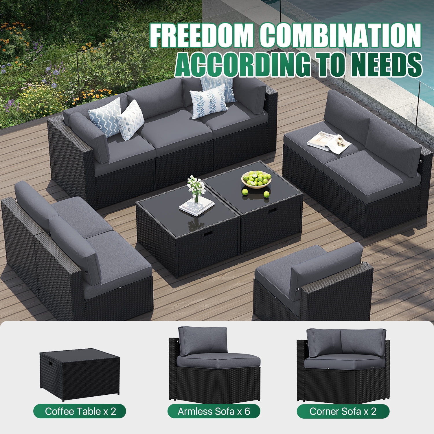Clouddwell 10-Piece Patio Furniture Set On Sale, Black Rattan Wicker Outdoor Sectional Sofa Couch with Table Patio Conversation Set for Lawn& Backyard, Gray