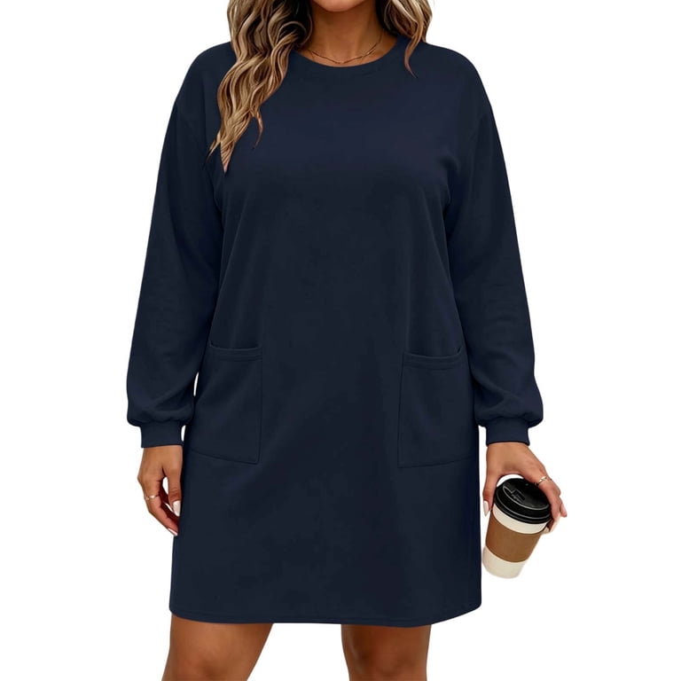 Women's Casual T Shirt Dress Long Sleeve Crewneck Loose Fit Winter Mini Dress with Pockets Soft Lightweight Comfortable Daily Wear for Home Travel Shopping