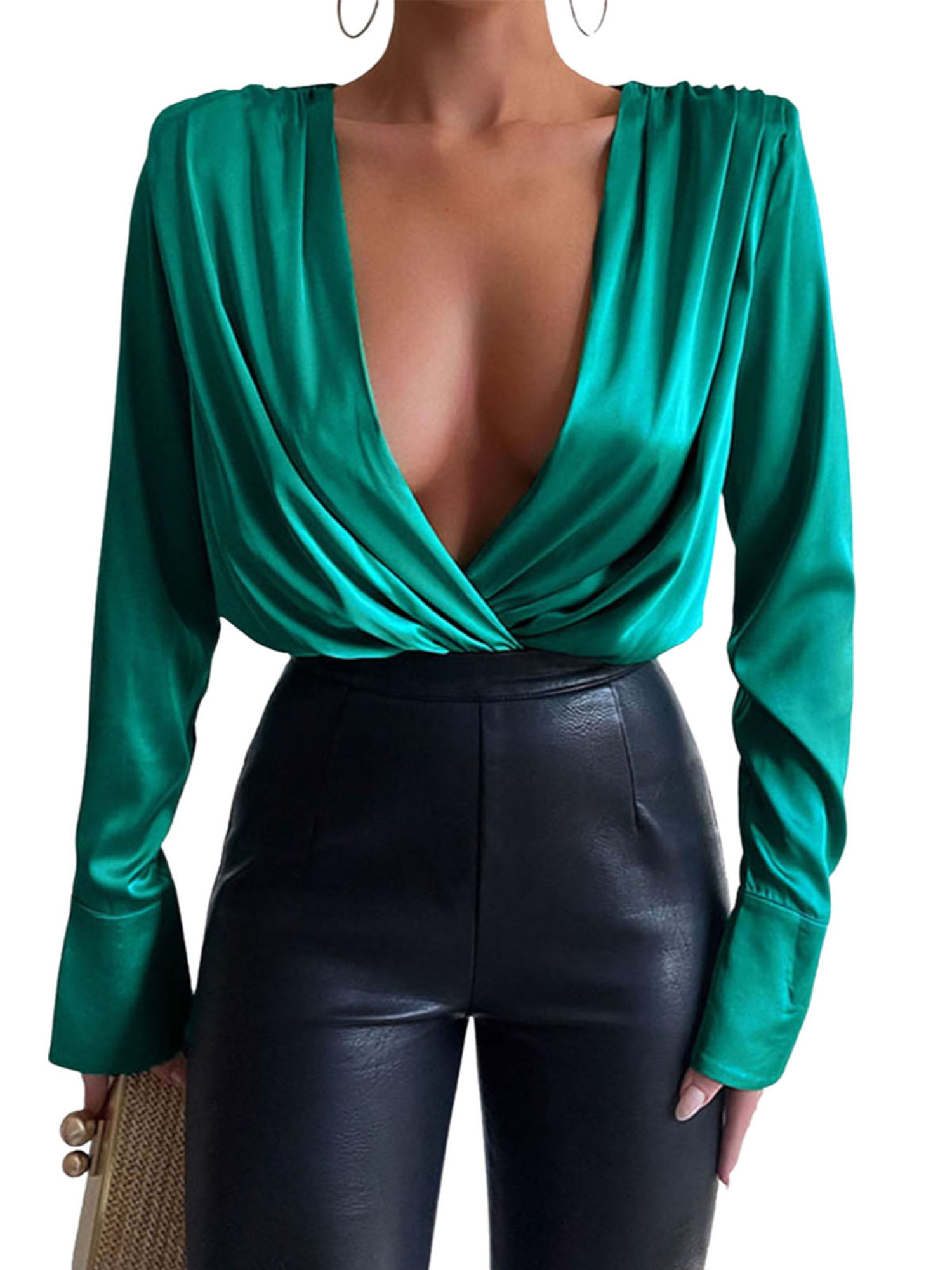 ouslee Women's Silky Wrap V Neck Long Sleeve Bodysuit Satin Jumpsuit Tops  Blouse : : Clothing, Shoes & Accessories