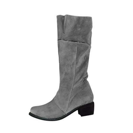 

KBKYBUYZ Women s Suede Knee Length Round Toe Side Zipper Warm Low Heel Rider Boots