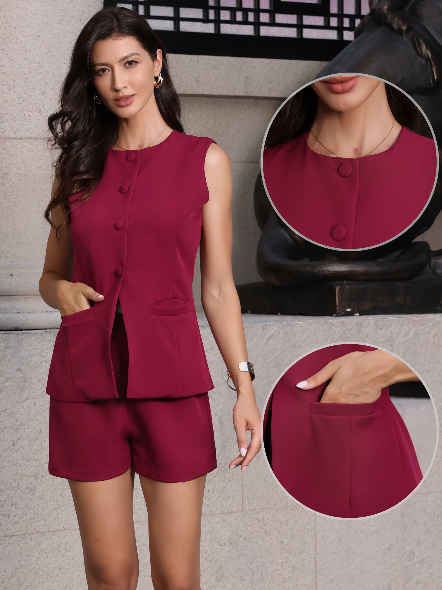 DARING DIVA 2Pcs Women's Crew Neck Sleeveless Button Down Vest Shorts Set XS Dark Red