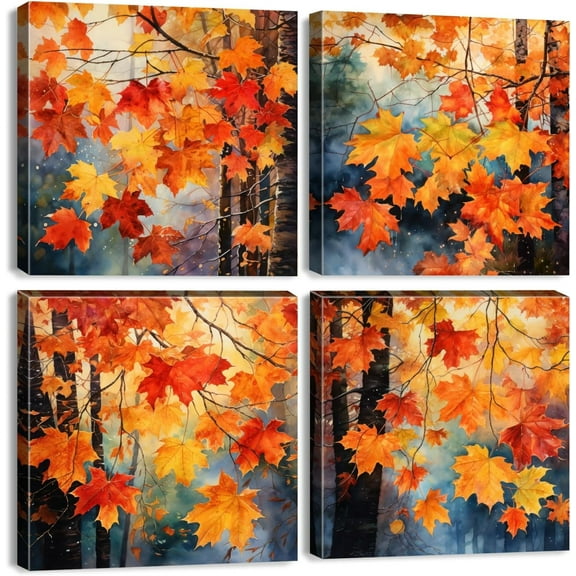 Fall Wall Art Maple Leaves Prints Canvas Decor Watercolor Aesthetic Red Yellow Plant Leaf Pictures for Living Room Bedroom Autumn Country Forest Painting Artwork Kitchen Home Decor 16x16 4 Pcs
