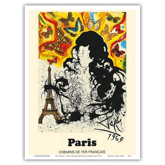Paris France - Eiffel Tower - Chemins De Fer Francais (French National Railroads) - Vintage Railroad Travel Poster by Salvador Dali c.1969 - Master Art Print (Unframed) 9in x 12in