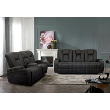 Transitional Style Reclining 2pc Sofa Loveseat Living Room Furniture Dark Gray Fabric Solid wood Drop-down Center Table