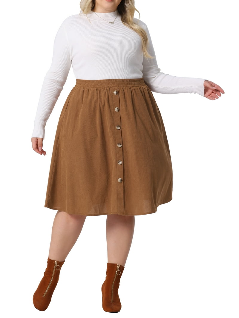 Agnes Orinda Plus Size Corduroy Midi Skirts for Women Elastic High
