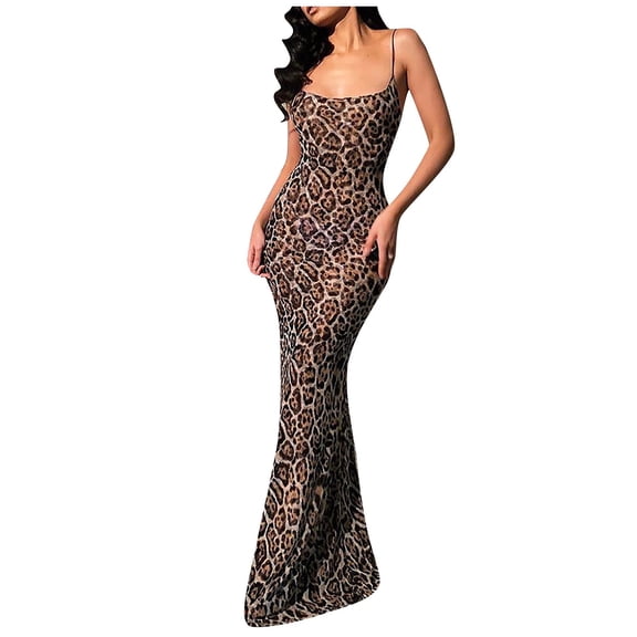 Trendfront Womens Leopard Print Maxi Dress Scoop Neck Sleeveless Spaghetti Strap Cheetah Print Detail Bodycon Hem Dresses