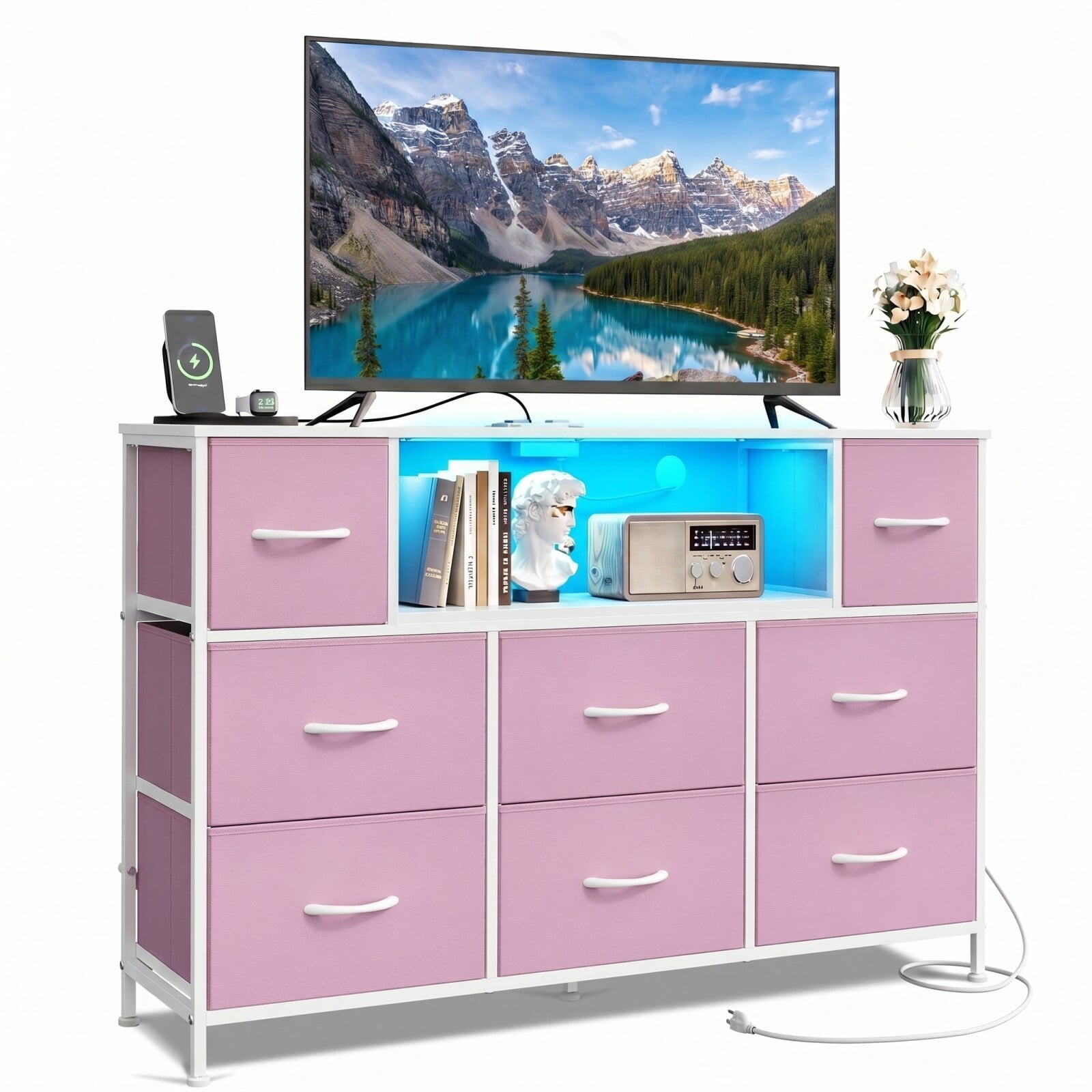BEAUTYPEAK TV Stand Dresser with 8 Fabric Drawers LED Light Open Shelf AC & USB-C Charging Station, Pink