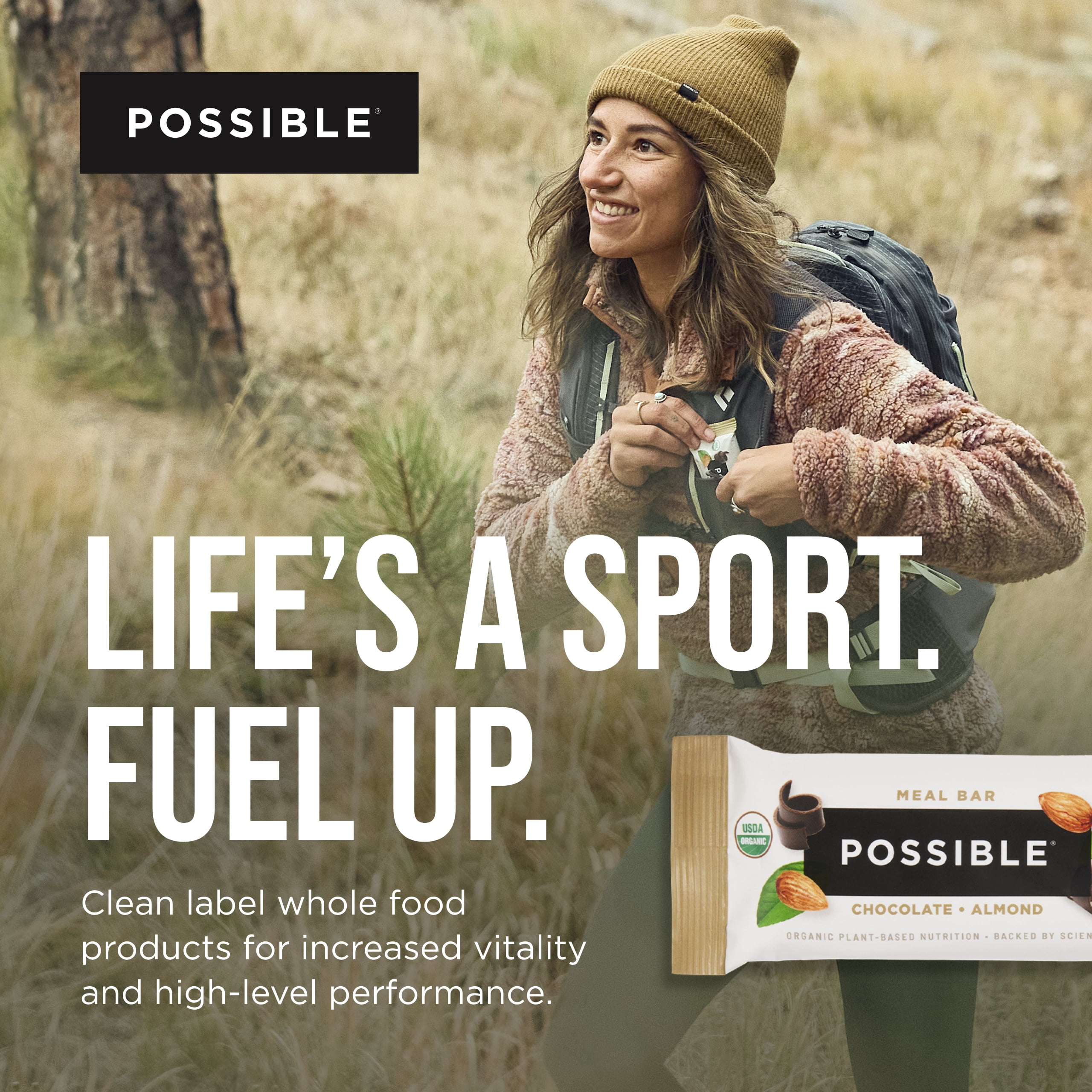 Possible Meal Bar - High Protein Energy Bars 20 Grams Organic Plant-Based Protein, Vegan, Gluten-Free, Non-Dairy - 1 Box, 10 Bars - Chocolate Almond
