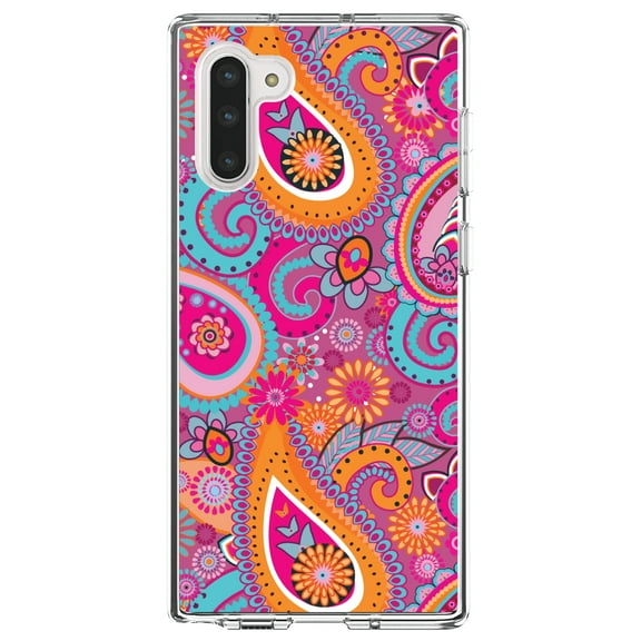 DistinctInk Clear Shockproof Hybrid Case for Samsung Galaxy Note 10 (6.3" Screen) - TPU Bumper, Acrylic Back, Tempered Glass Screen Protector - Pink Blue Orange Paisley