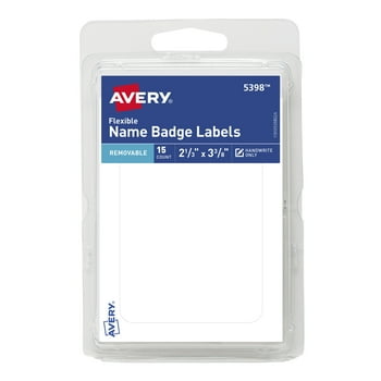 Avery Self-Adhesive Name Badges, White, Flexible, 2-1/3" x 3-3/8", Handwrite, 15 Badges (15398)