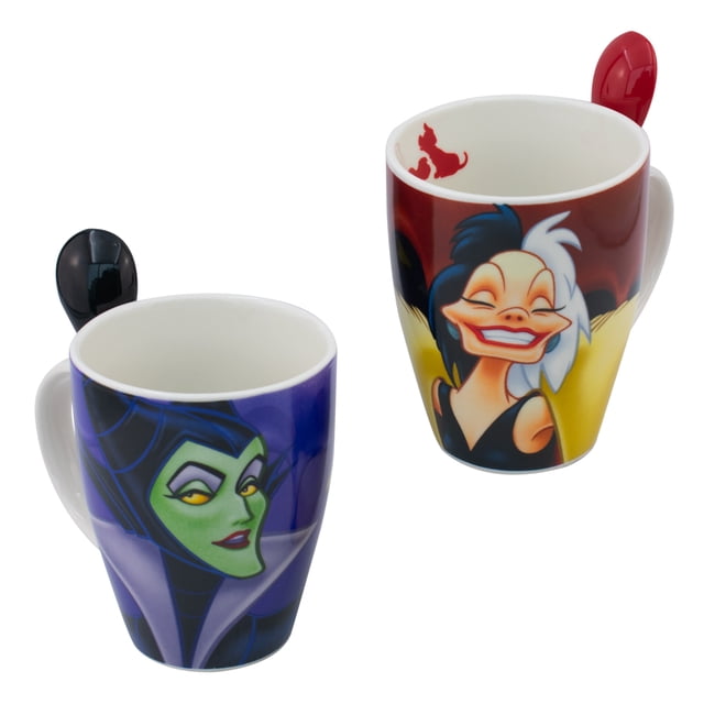 Set 2 Tazas De Porcelana Con Cuchara Villanas Disney, Malefica y Cruella de Vil, 310 ml Ambient 21 Set de 2 tazas de porcelana Maléfica y Cruella