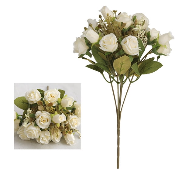 JeashCHAT Artificial Roses Flower Bouquets Wedding Flowers 15 Heads Vintage Artificial Silk Fake Flowers Leaf Rose Bouquet Wedding Home Decoration, White