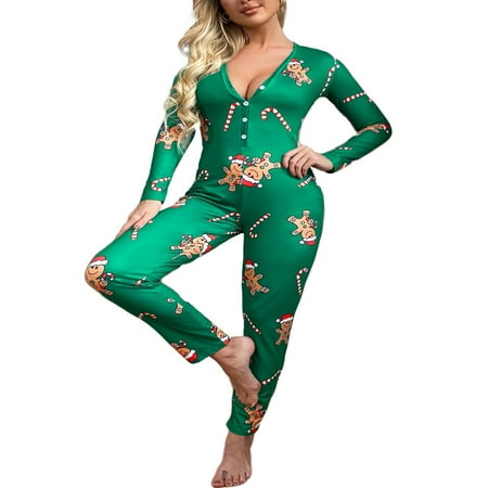 

HLONK Christmas Pajama for Women Jumpsuit Button-down Rompers Full Sleeve Overalls Playsuirt Xmas Print Home Loungewear Green M