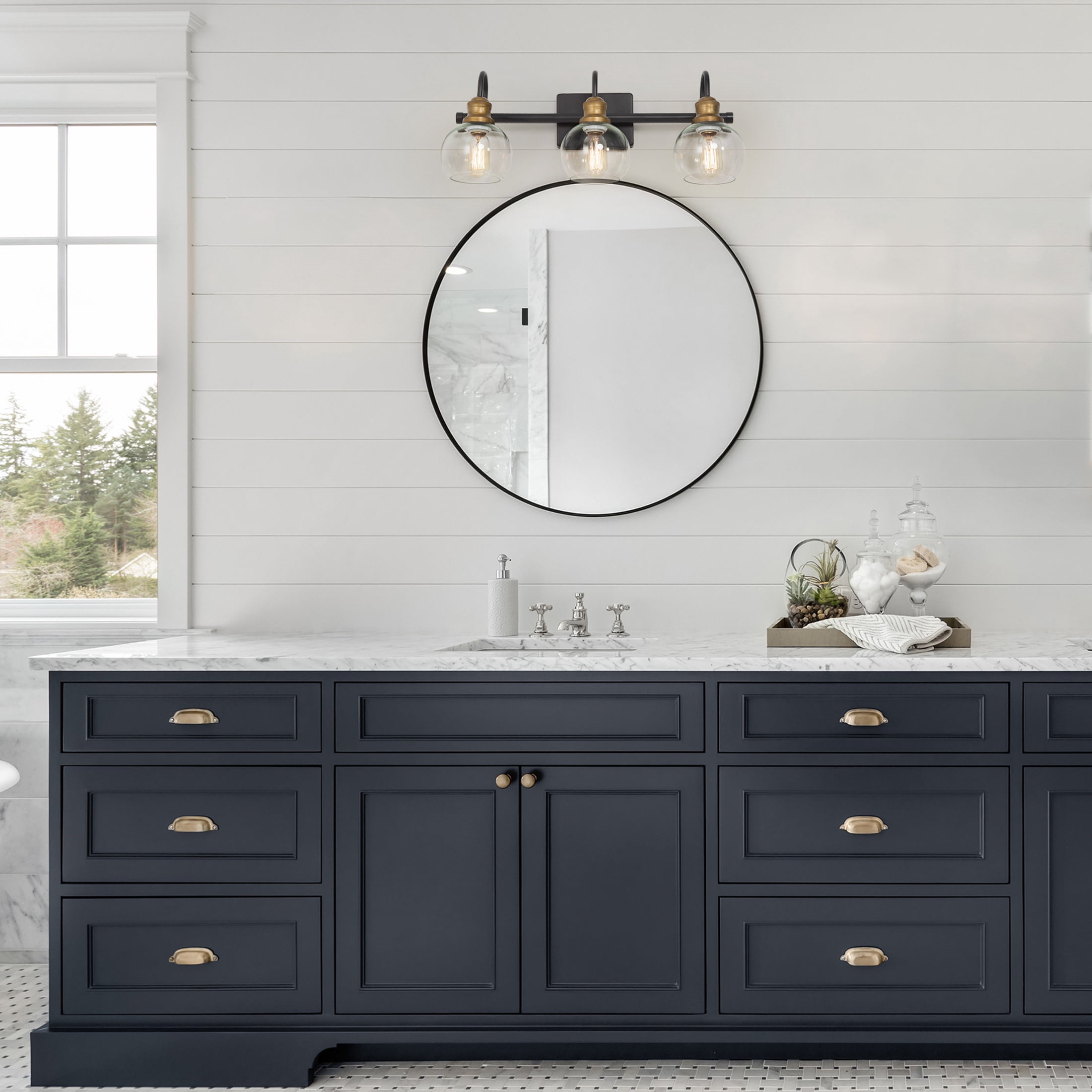 LNC 3-Light Black Round Clear Glass Modern Bathroom Vanity Lighting Fixutre