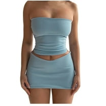 cfhntfmh Womens Summer Two Piece Tube Outfits Strapless Crop Tops Going out Mini Clubwear Trendy Skirt Set