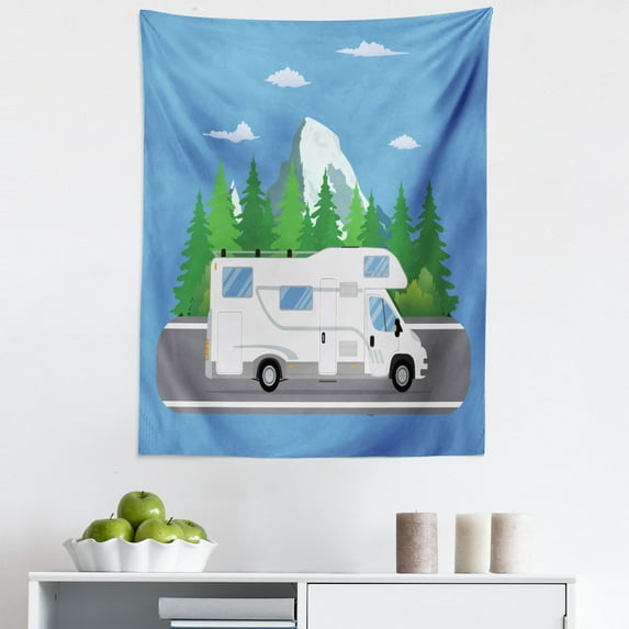 RV Tapestry, Retro Trailer Driving on Forest Area Road Surrounded by Evergreen Trees Open Sky Scenery, Fabric Wall Hanging Decor for Bedroom Living Room Dorm, 5 Sizes, Multicolor, by Ambesonne