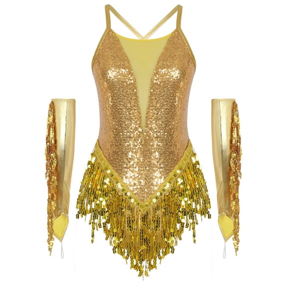 Aislor Women Fringed Latin Salsa Dance Costume Sleeveless Sequins Leotard with Tassel Metallic Gloves Gold XXL