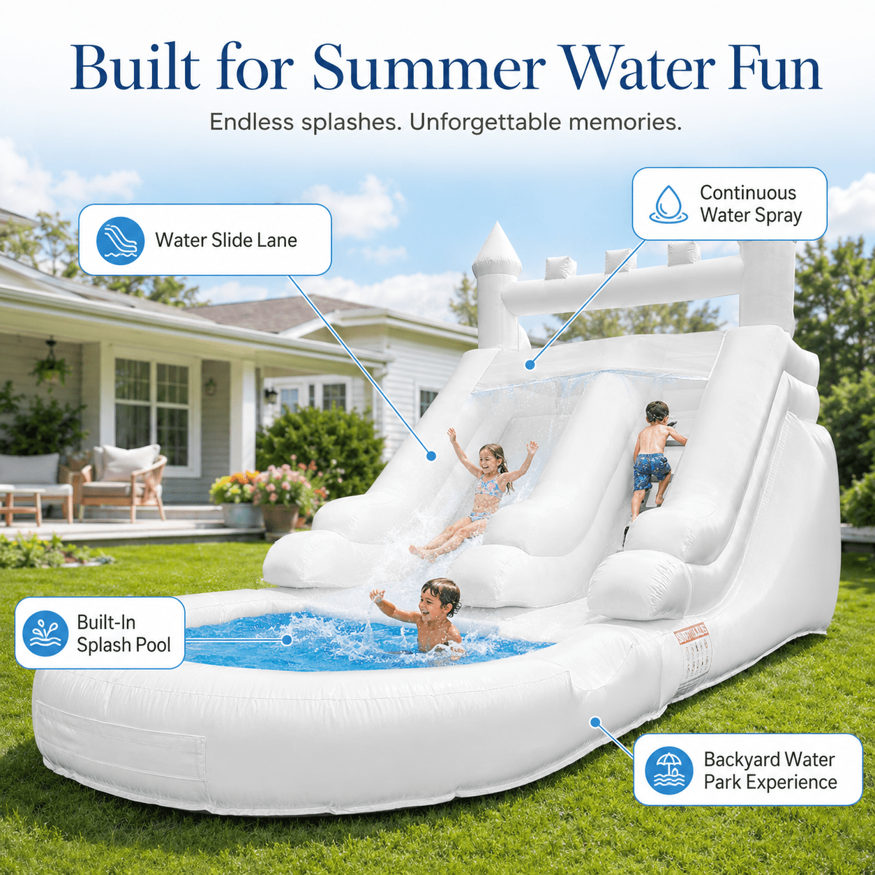 Connsann 13' x 21' Commercial-Grade White PVC Inflatable Water Slide with Splash Pool & 750W Air Blower for Backyard Parties/Rental