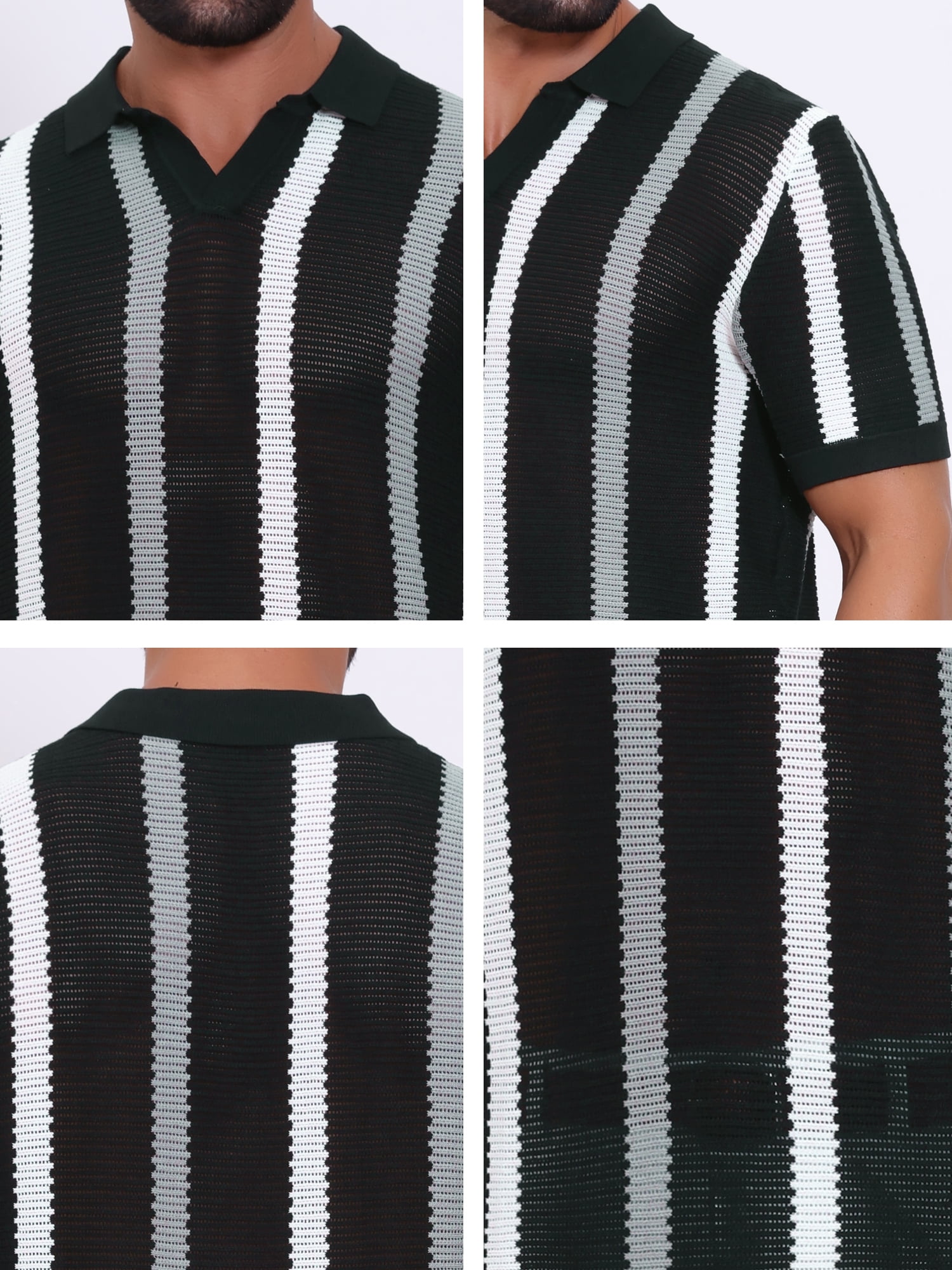 DARING DIVA Men's Hollow Knit Polo Shirt V Neck Short Sleeve Golf Polo Shirts S Black