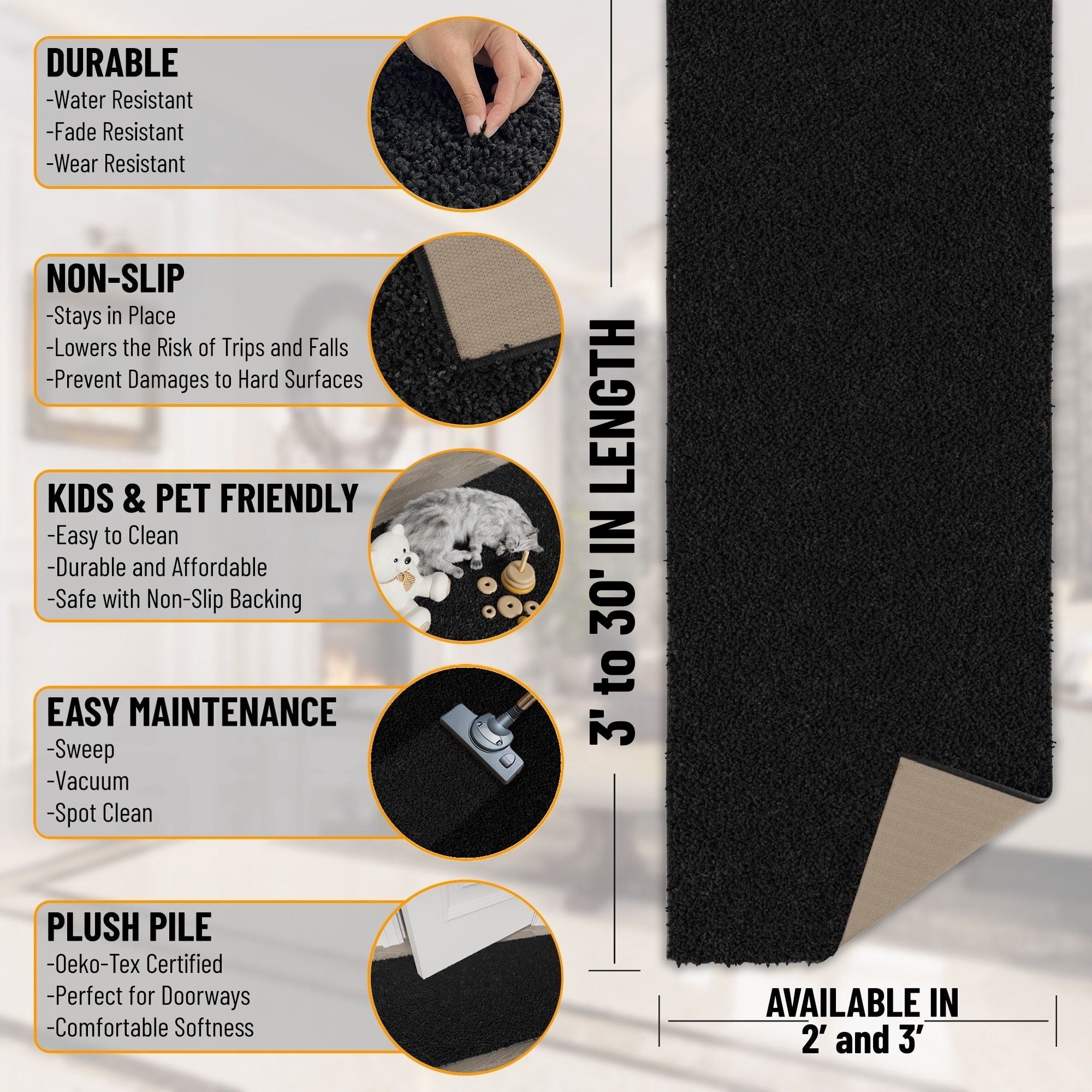 Ottomanson 3x21 Non-Slip Shag Runner Rug Plush Carpet for Bedrooms & Hallways, 3' x 21', Black
