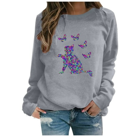 

Aueoeo Long Sleeve Tops for Women Women Plus Size Tops Fashion Women s Casual Hoodless Crew Neck Pullover Print Long Sleeve Jacket