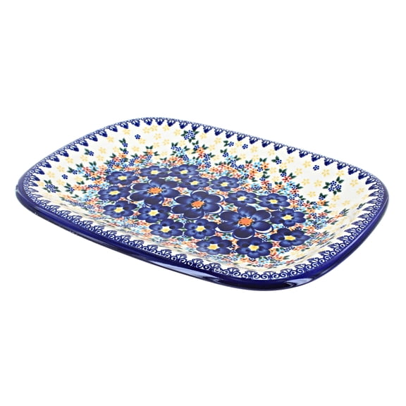 Blue Rose Polish Pottery Blue Dahlia Medium Rectangular Serving Platter
