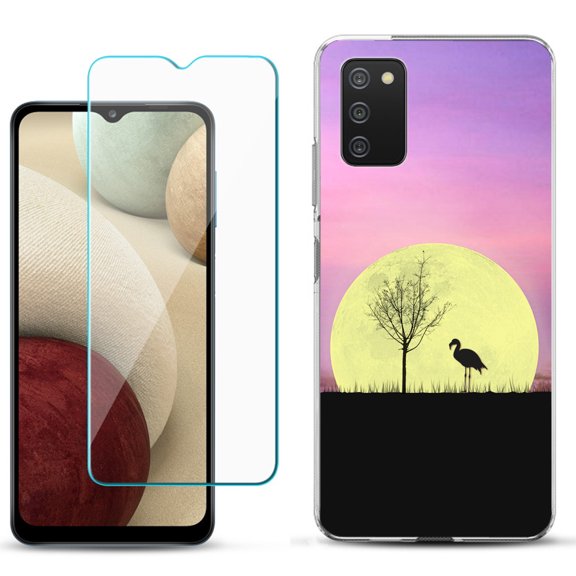 Slim-Fit TPU Phone Case Compatible with Samsung Galaxy A02s, with Tempered Glass Screen Protector, by OneToughShield ® - Moonlight Flamingo