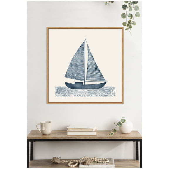 Kate and Laurel Framed Canvas Wall Art Print Nautical Blue Sailboat SQ Expansion by The Creative Bunch Studio, 30 x 30 Sylvie Natural Frame, Coastal, Abstract Art for Wall Decor