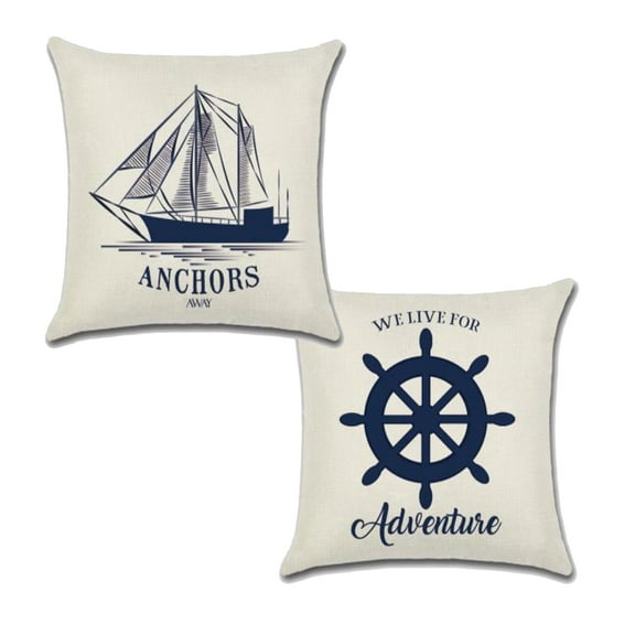 Sailboat Anchors and Ship Wheel Pattern, Cotton Linen Fabric Decorative Indoor Outdoor Throw Pillow Cover Set 18x18