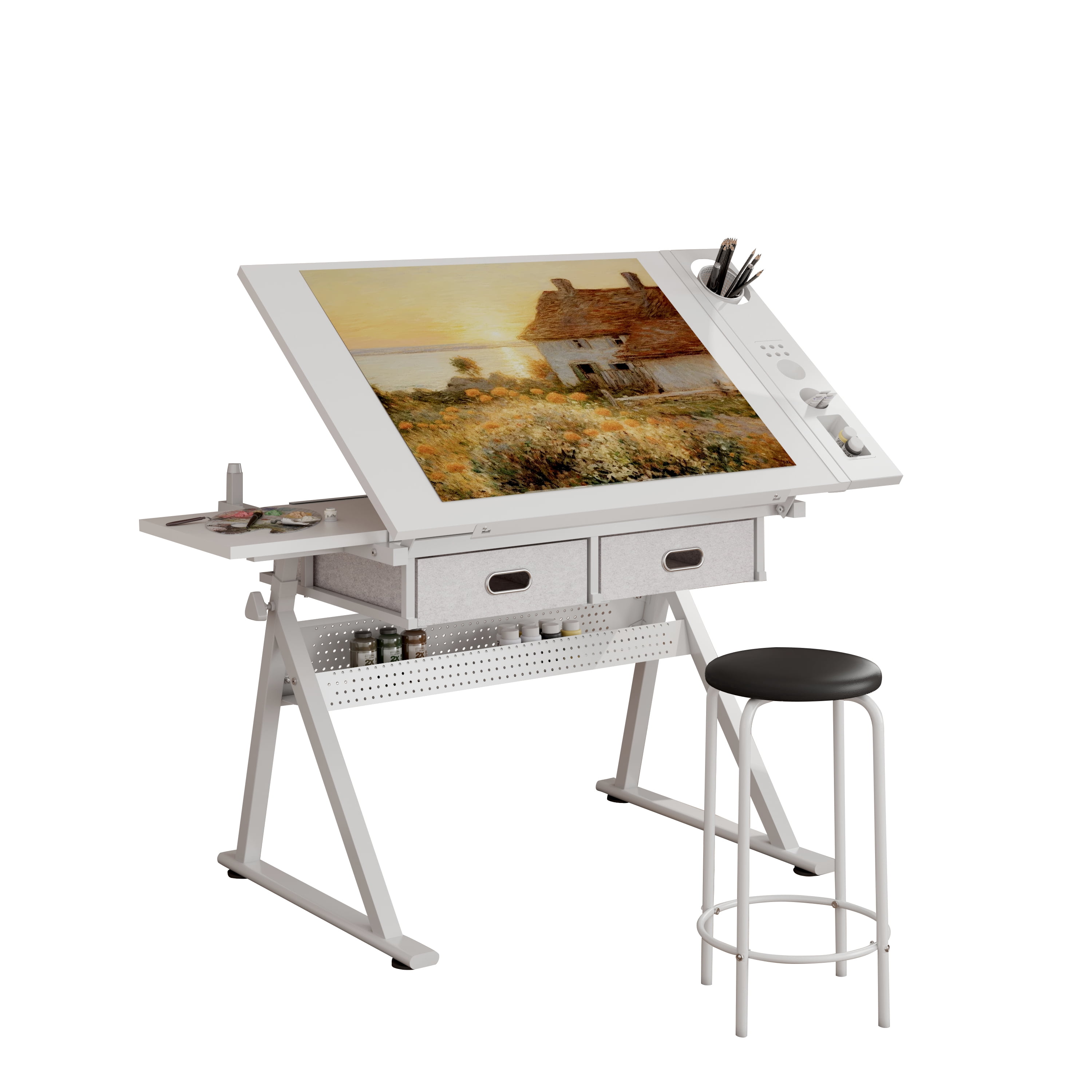 Adjustable Drafting Table, Draft Top Art Desk, Tilting Drawing & Art Craft Table with Storage, Height Adjustable Workstation with 2 Drawers and Stool for Artists, Home Office & School, All White