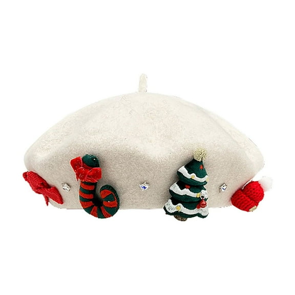 DJN Under $8 Santa Classic Red Wool Christmas Beret for Women, Festive Fair Patterned Winter Hat with Soft