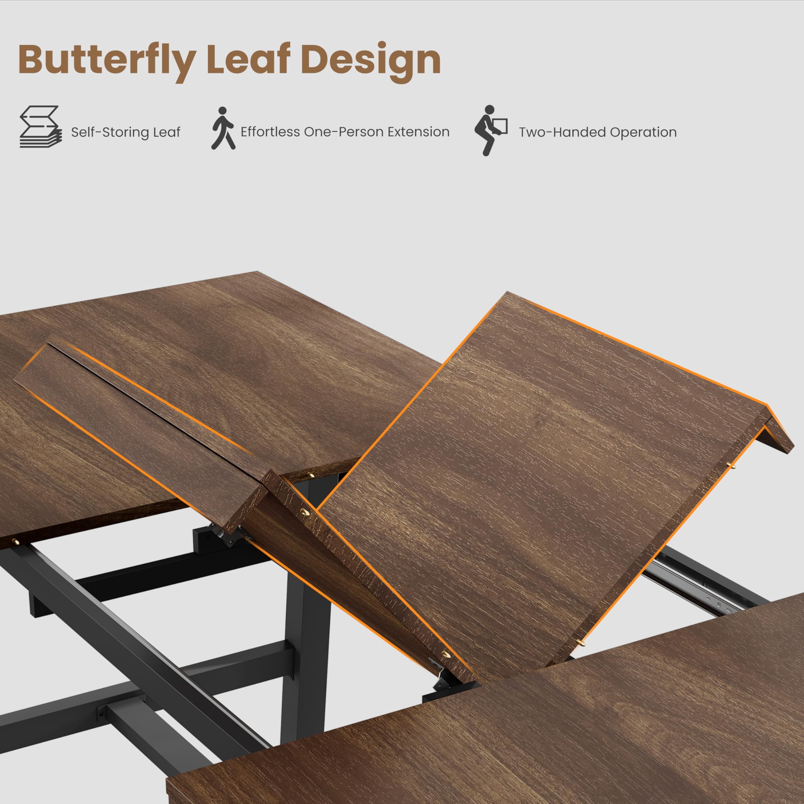 63"-83" Extendable Industrial Dining Table - Seats 6-8 - Expandable Rectangular Kitchen Table with Metal Frame for Parties-Brown