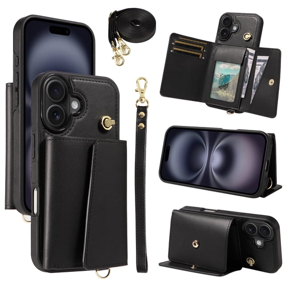 Phone Case for iPhone 16 Wallet Cover, Classic Credit Card Holder & Crossbody Strap & Hand Strap Kickstand PU Leather for iPhone 16 Protective Rugged Case Women Men, Black