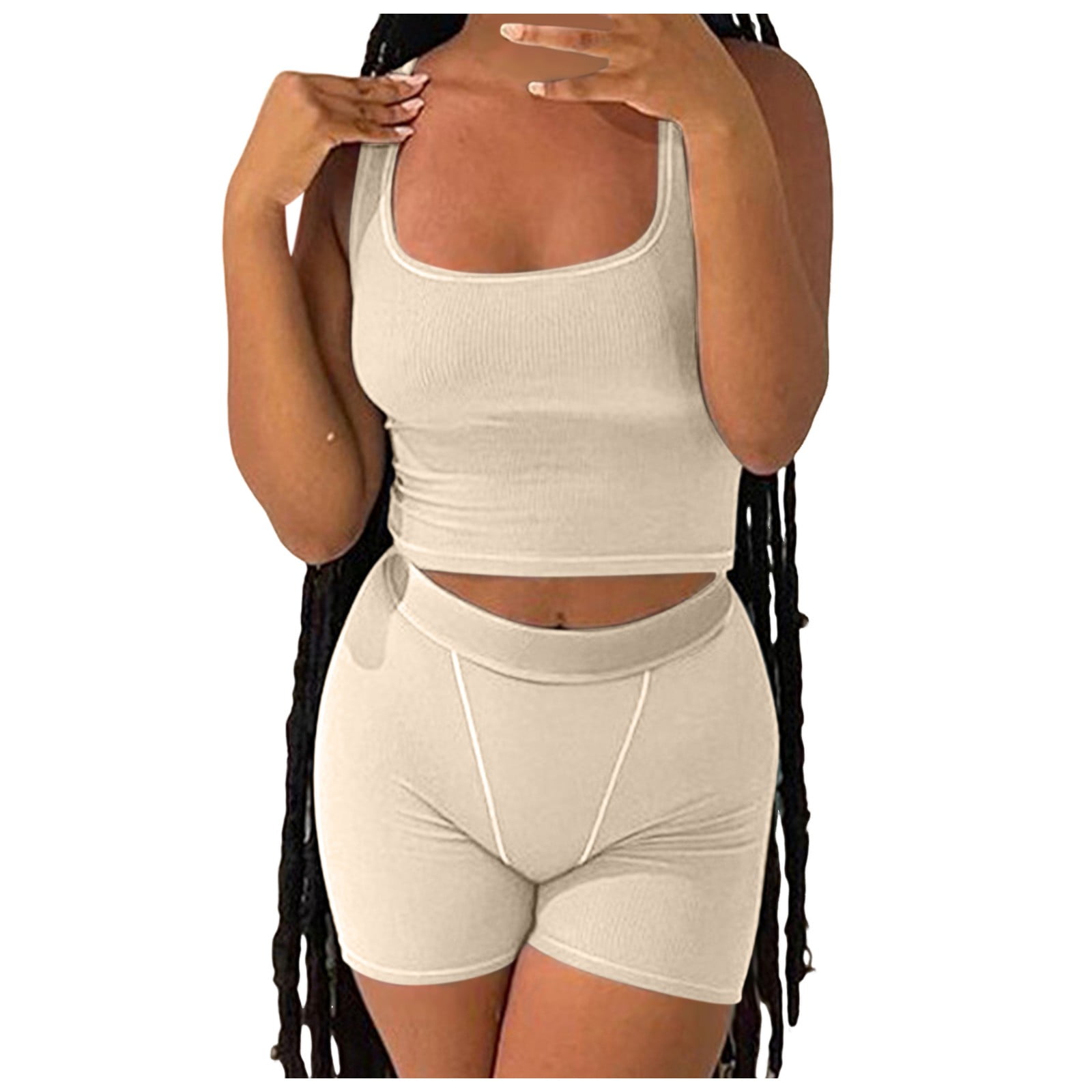 Women's Two Piece Workout Set - Square Neck Sports Bra & Scrunch Butt Lifting Shorts