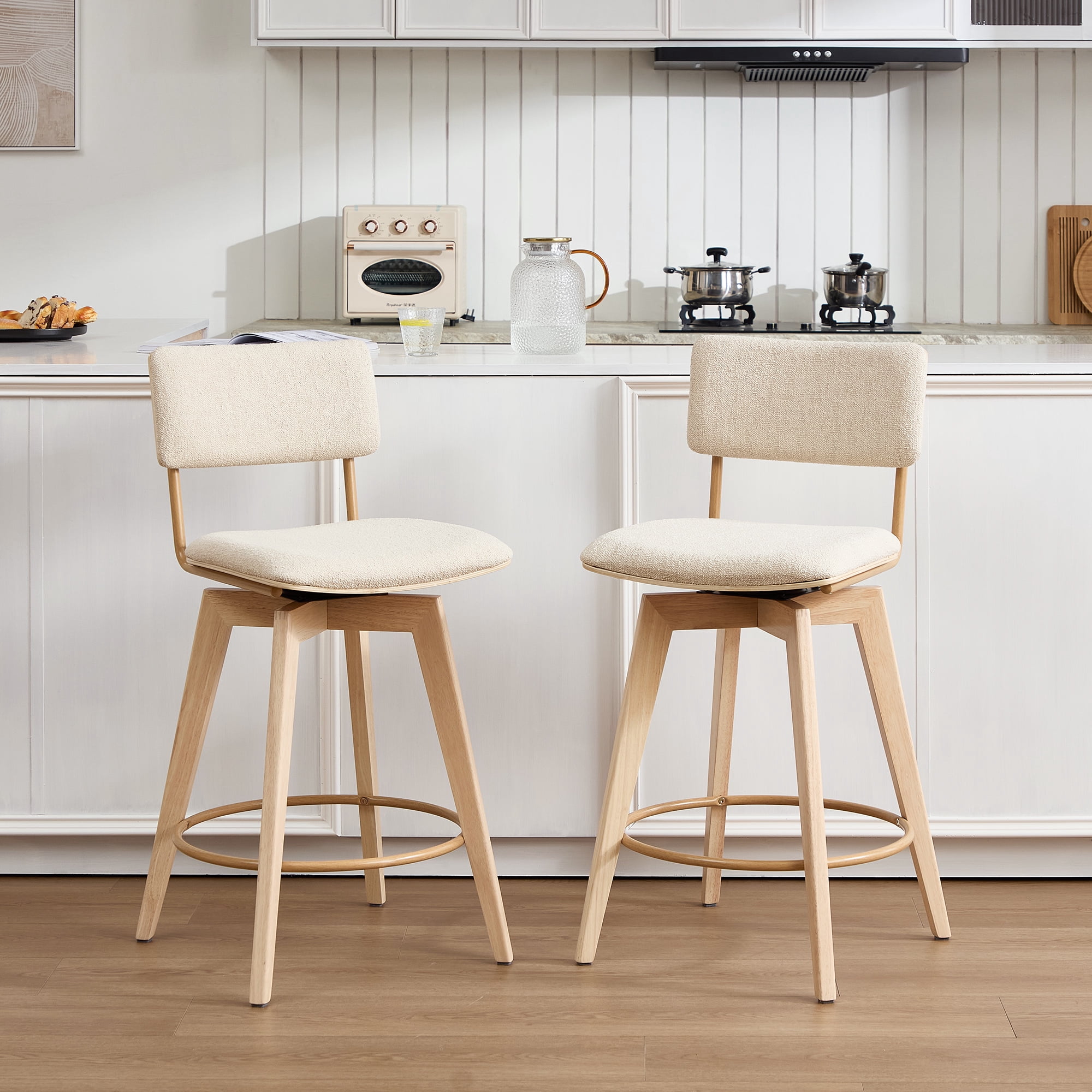 Zesthouse Swivel Counter Height Bar Stools Set of 2, 26" Upholstered Linen Barstools with Back and Solid Wood Legs, Mid Century Modern Bar Chairs, Island Stool for Kitchen Counter, Beige